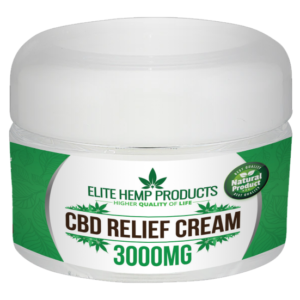 Elite Hemp Products CBD Relief Cream 3000mg in a white jar with green labeling, designed for natural joint and muscle pain relief.