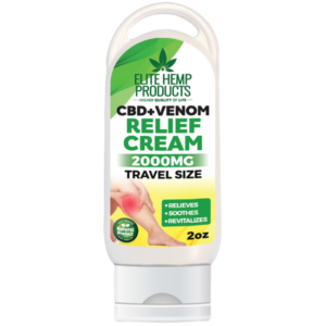 Elite Hemp Products CBD + Venom Relief Cream 2000mg Travel Size, 2oz bottle with green and yellow accents, ideal for portable muscle and joint relief.