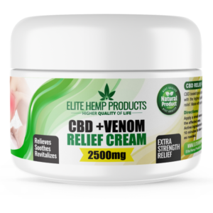 Elite Hemp Products CBD + Venom Relief Cream 2500mg in a white jar with green accents, offering extra strength relief for muscles and joints.