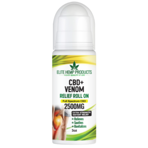 Elite Hemp Products CBD + Venom Relief Roll-On 2500mg, 3oz bottle with green and white label, offering natural muscle and joint relief.