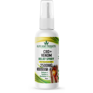 Elite Hemp Products CBD + Venom Relief Spray 2500mg in a white 4oz bottle with green accents, designed for fast-acting muscle and joint relief.